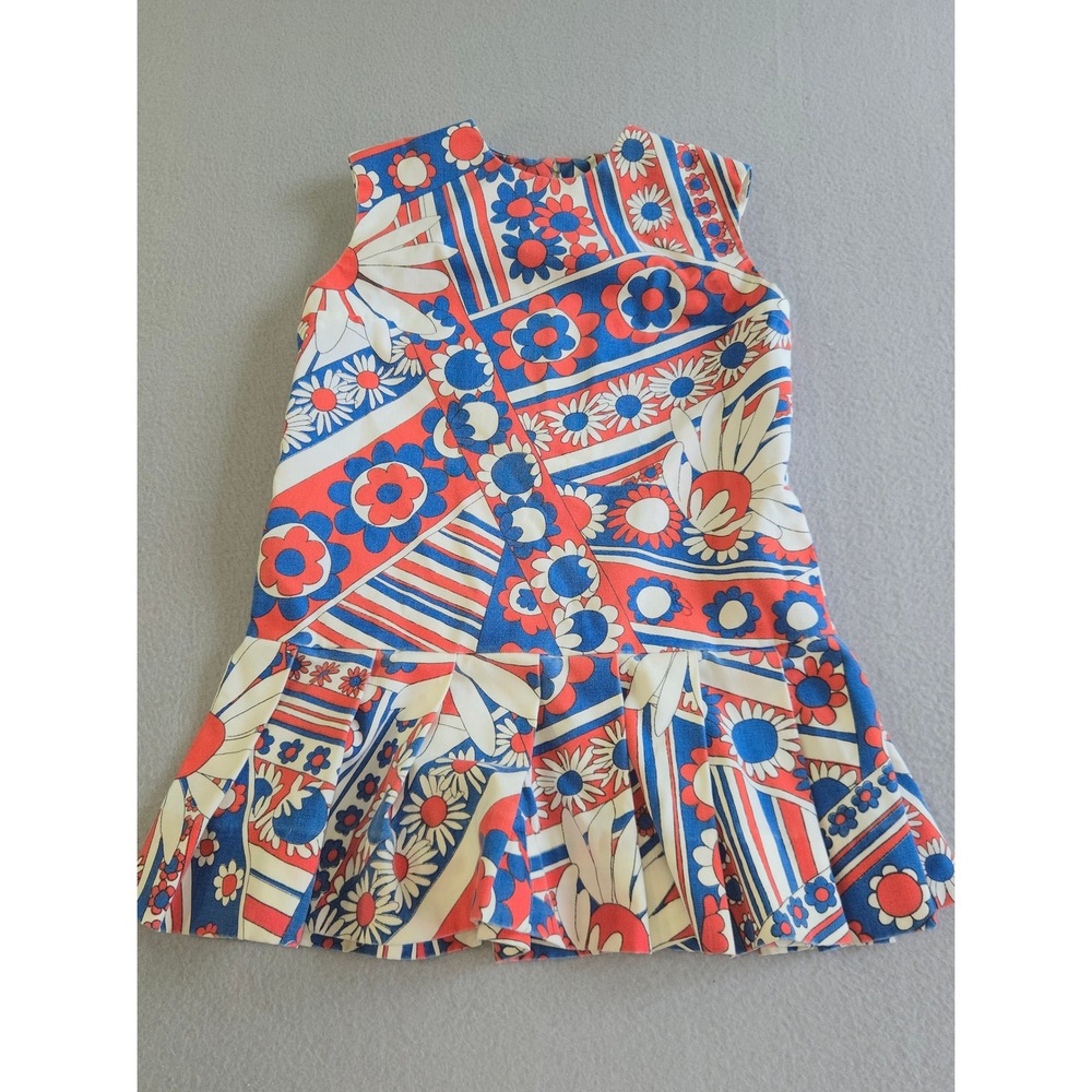 Vintage Floral Drop Waist Dress Girls Toddler Red White Blue Psychedelic Mod 60s